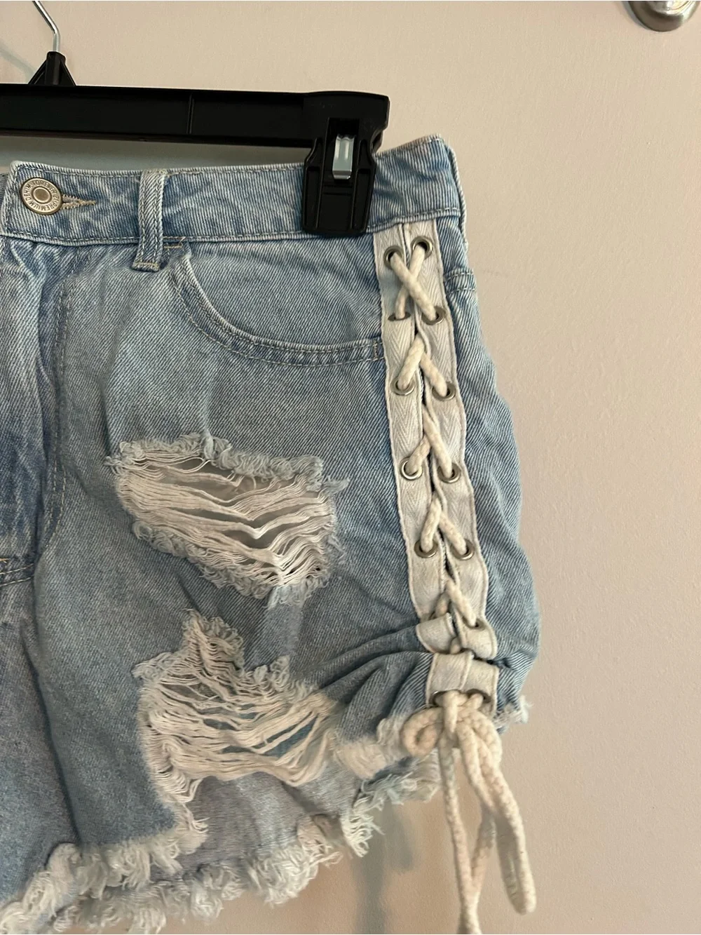 Forever 21 Light Blue Distressed Denim Shorts with Lace-Up Sides